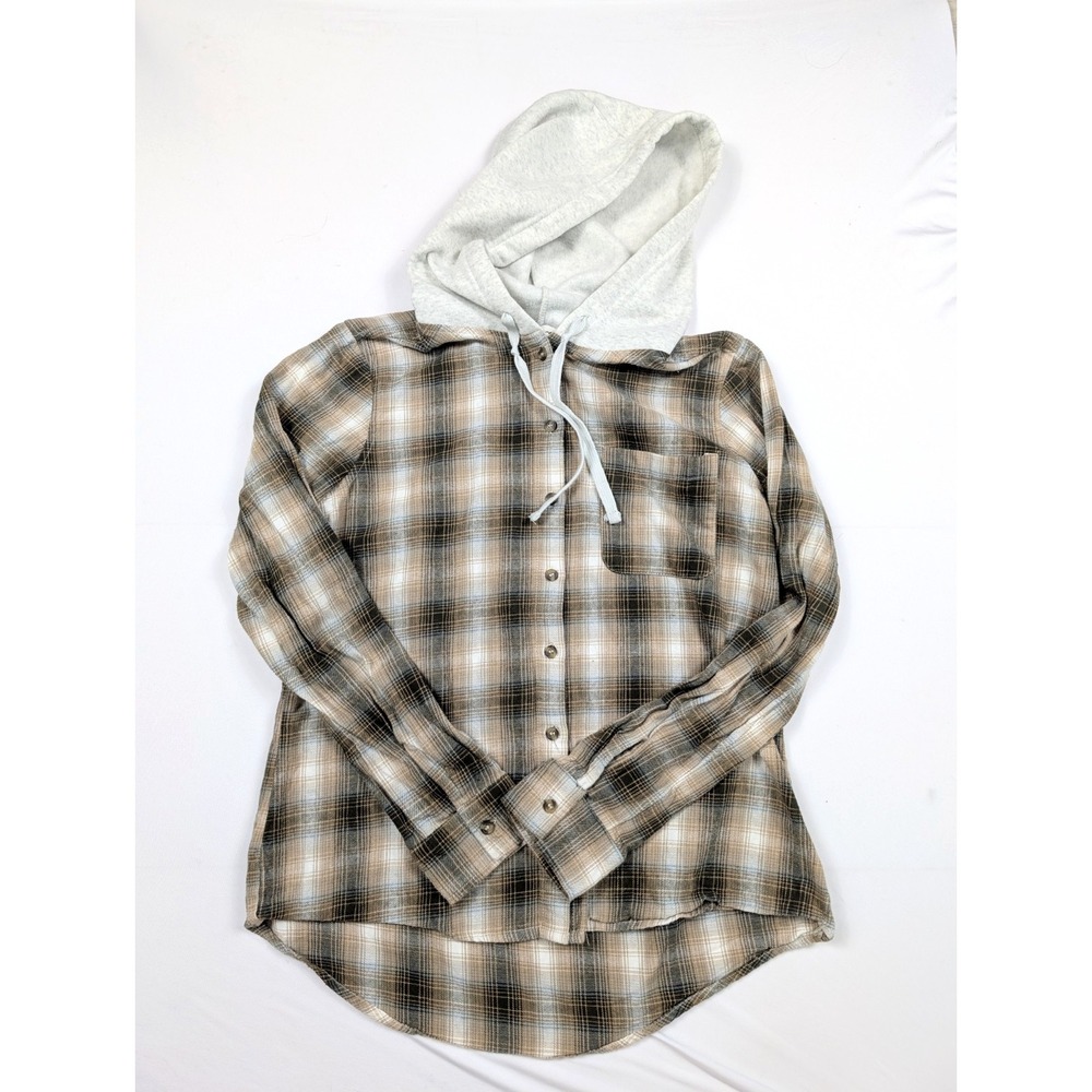 Passport Plaid Hooded‎ Button Up Roll Tab Long Sleeve Women's Size Large